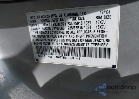 2005 Honda Odyssey Lx from USA, damaged, VIN 5FNRL38295B038177